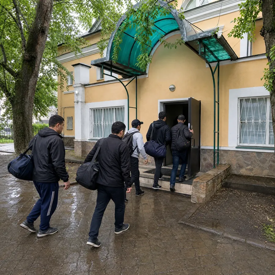 Рабочие входят в хостел