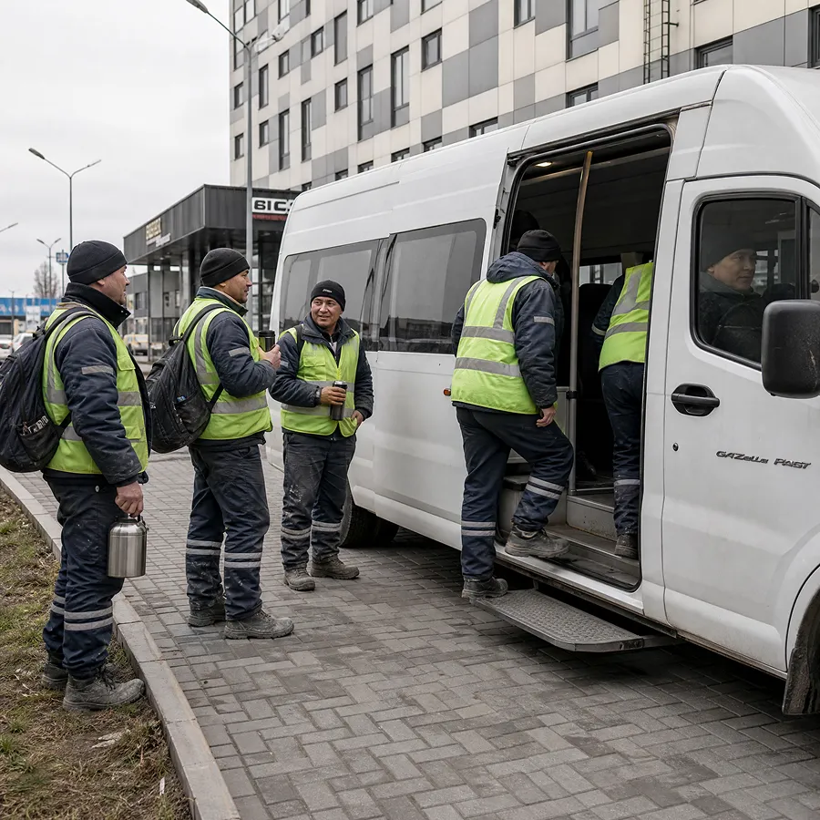 Рабочие садятся в микроавтобус